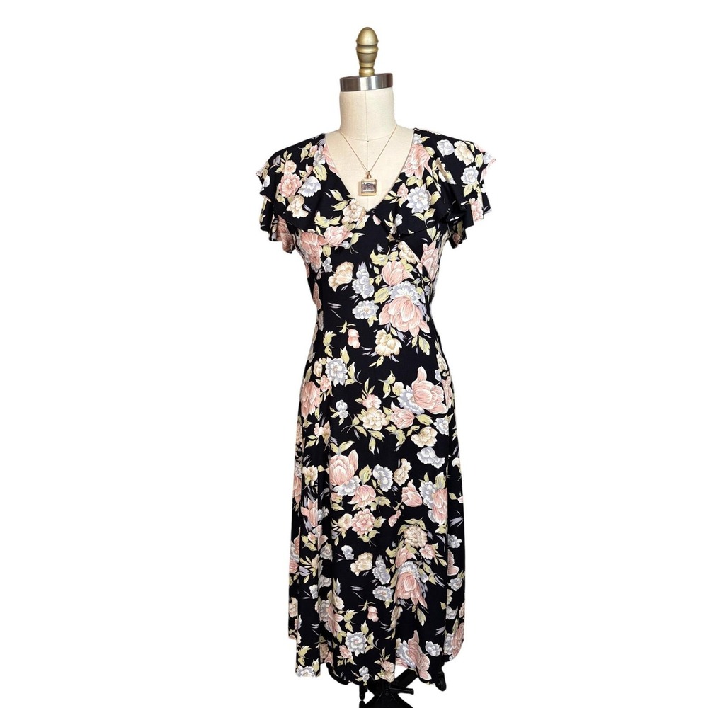 Cottage Core Dawn Joy Fashions Midi Dress sz 6 Black Floral Ruffle V-Neck 90s